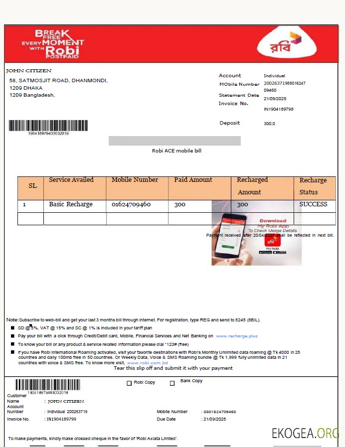 Bangladesh Robi axiata limited utility bill template in word and pdf formats template
